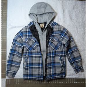 Red Head Brand Co. Blue Plaid Flannel Shacket Zip Hoodie Quilted Chore Workwear
